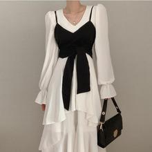 韩国春秋Korea气质修身收腰裹胸吊带背心+纯色显瘦不规则连衣长裙