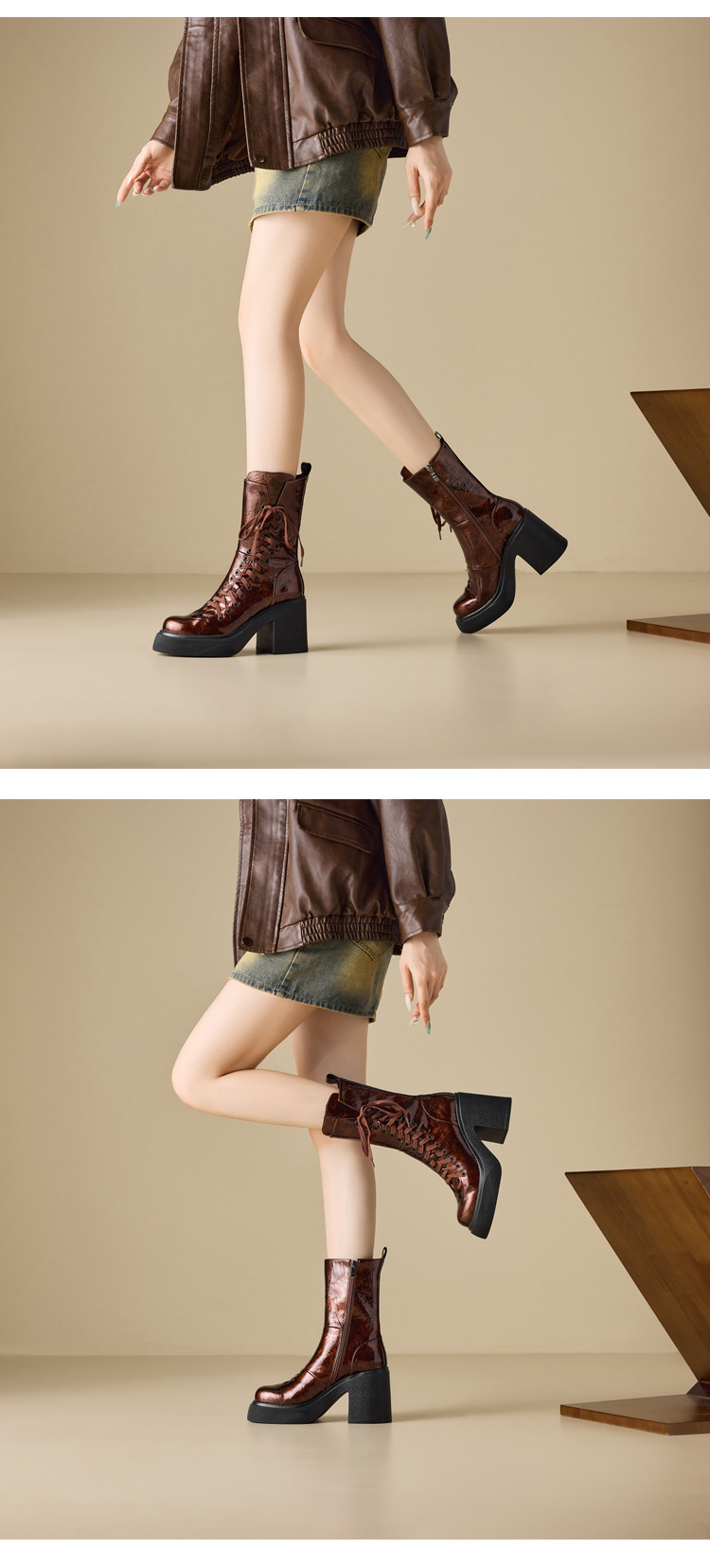 Boot nữ cổ ngắn đế dày 10 cm dây buộc mũi tròn khóa kéo bên — nhung đen chi tiết 3