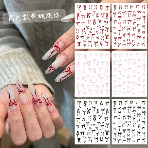 Nail Art Stickers New Internet Celebrous Bow Tie Wear Nail Patch with Adhesive Ultra-thin Red Pink Black