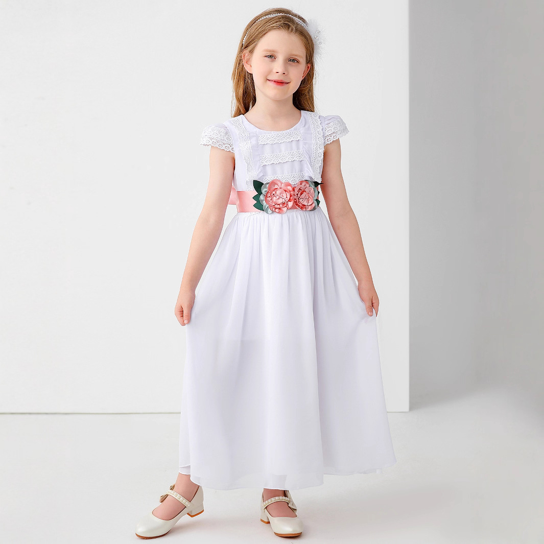 Vestido de novia para niños comercio exterior transfronterizo europeo y americano niña de las flores lazo encaje niña espectáculo princesa vestido vestido largo