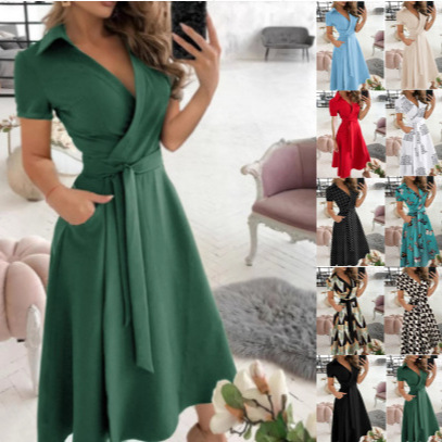 Spring And Summer Fashion V-Neck Print Bodycon Short Sleeve Dress Women's European And American Style_voghion.com