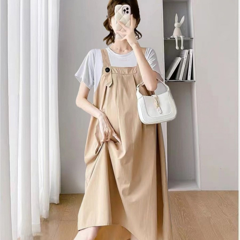 순백 반팔 T+살구 서스펜더 스커트 6G 정장
