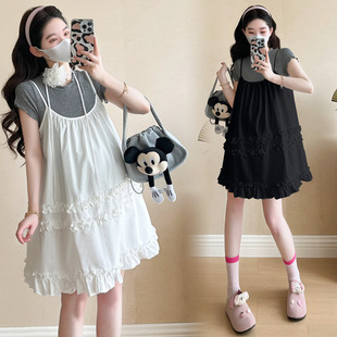 Real Shot of Ready-Made 2025 Summer New Korean Style Fashionable Maternity Suspender Dress + Short-Sleeved Gray t