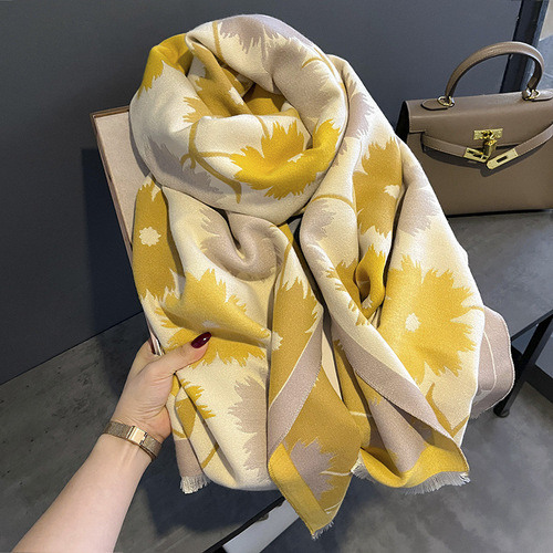 High-end sunflower pattern autumn and winter new imitation cashmere scarf for women, warm and thickened, versatile long shawl and scarf