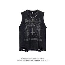 ins新款男无袖t恤潮流男孩做旧衣服潮牌嘻哈美式坎肩高街背心炸街