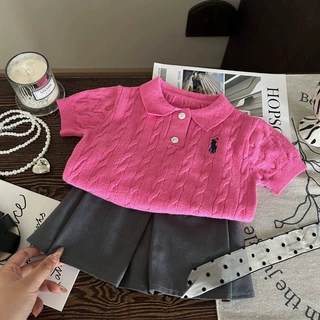 韩版童装2026新款夏季女童polo衫绞花短袖儿童百搭灰色裙裤两件套