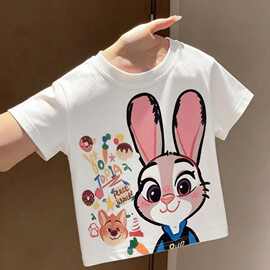夏季新款卡通兔子儿童T恤可爱印花圆领女童宝宝短袖上衣纯棉趣味