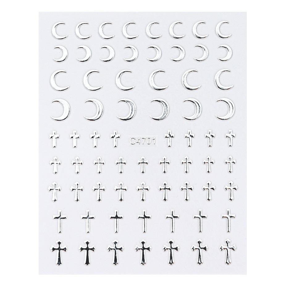 New liquid metal silver nail sticker y2g Millennium style Cross Heart star love small size pattern nail sticker