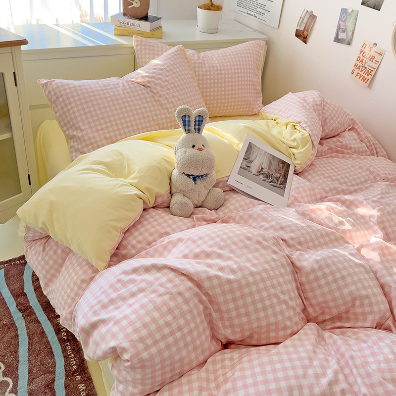 Washed Cotton Bedding Set Minimalist Plaid Design For Students_voghion.com