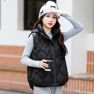 European and American Vest Women's 2024 Autumn and Winter New Korean Style Slim plus size Slim-fit Hooded Vest Down Cotton Vest for Women