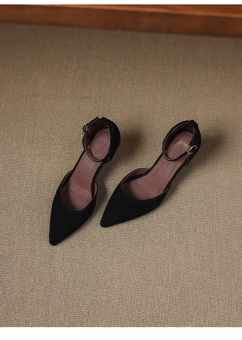 Sandal nữ da cừu mũi nhọn quai ngang gót cao 7 cm — đen chi tiết 23
