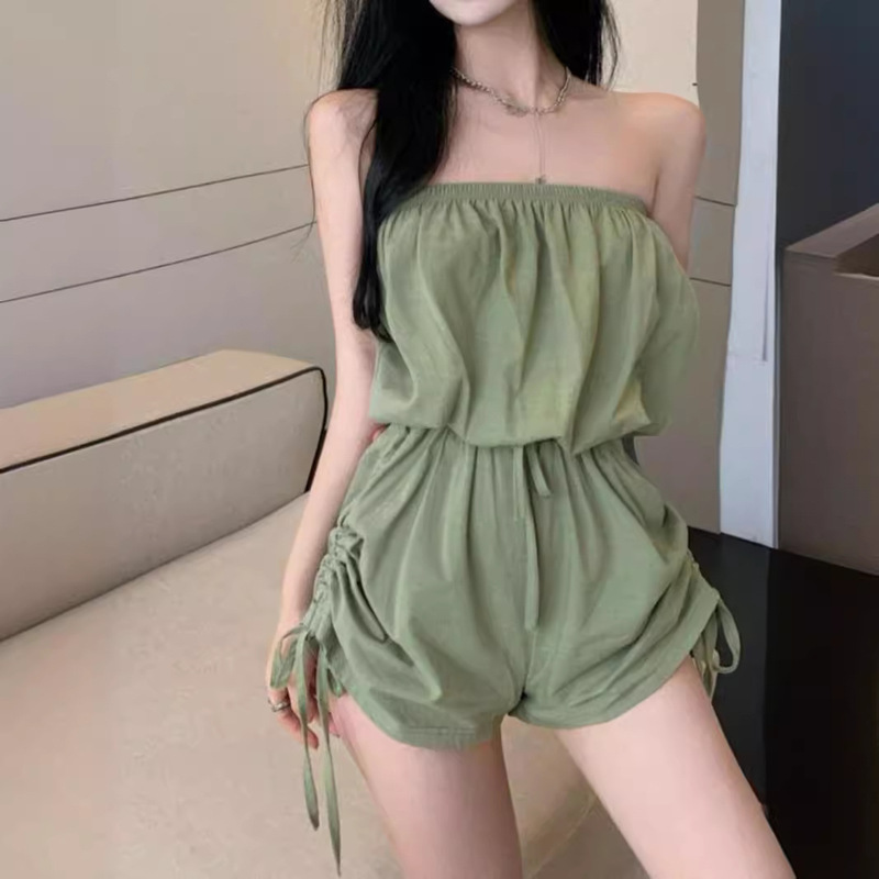Dopamine Sweet Spring and Summer New Strapless Strap Pleated Wide Leg Waist Loose Solid Color All-match Jumpsuit