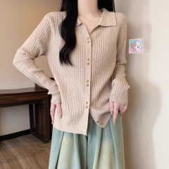 Jingya ポロカラートップ女性の秋の韓国スタイル長袖ニットカーディガン女性のセーターはお腹をカバーし、スリムでスタイリッシュなトップス