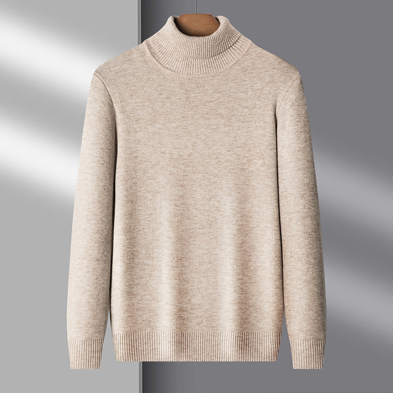 Neuer langärmliger Strickpullover für Männer mittleren Alters und junger Männer im Herbst und Winter mit einfarbigem Plüschpullover mit doppeltem Kragen und einteiliger Plüsch-Slim-Passform_voghion.com