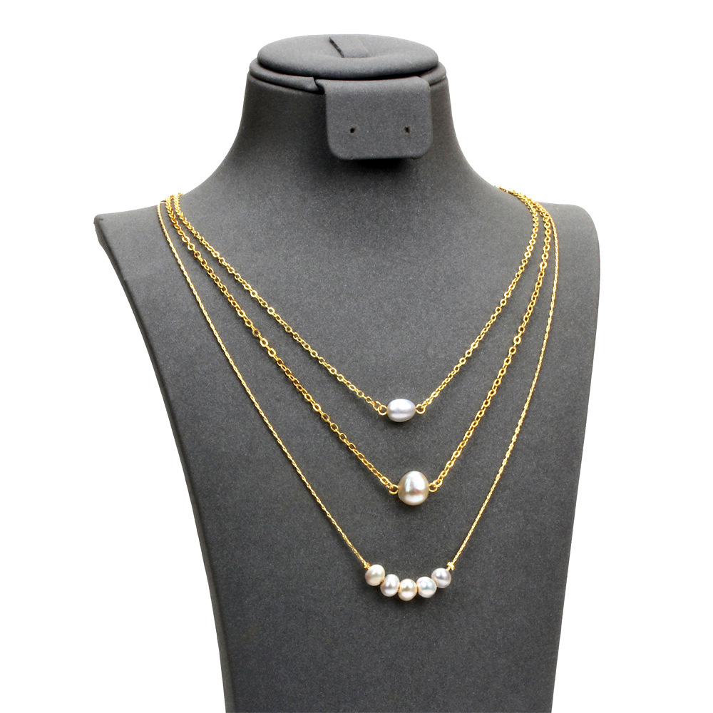 Fashion Three-layer Pearl Sweater Chain Gold Plated Necklace Wholesale display picture 3