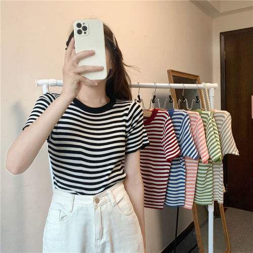  Summer Round Neck Thin Color Striped Ice Silk Sweater Short Sleeve Fashionable Slim Sweet T-shirt Tops for Women