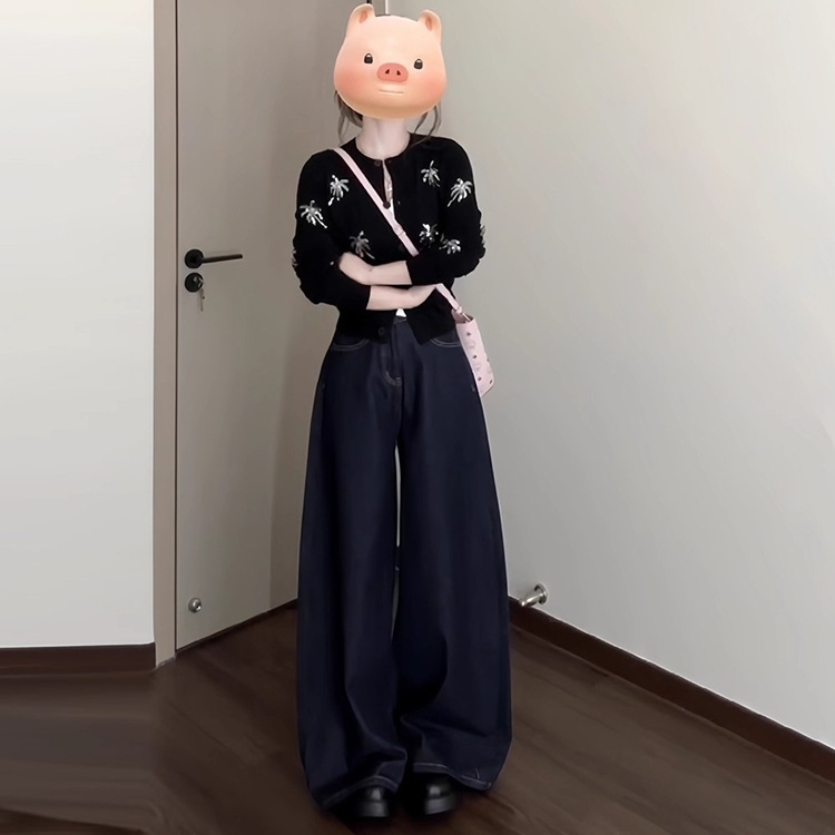 小众货源黑色亮片刺绣针织衫开衫女秋季修身显瘦圆领长袖上衣毛衣
