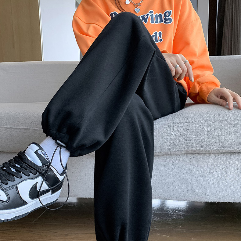 运动裤女春秋2025新款高腰休闲宽松直筒美式阔腿白灰色卫裤子|undefined