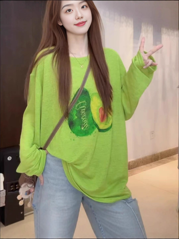 【自家工厂现货】韩系彩色印花圆领长袖t恤女夏季慵懒风百搭罩衫|undefined