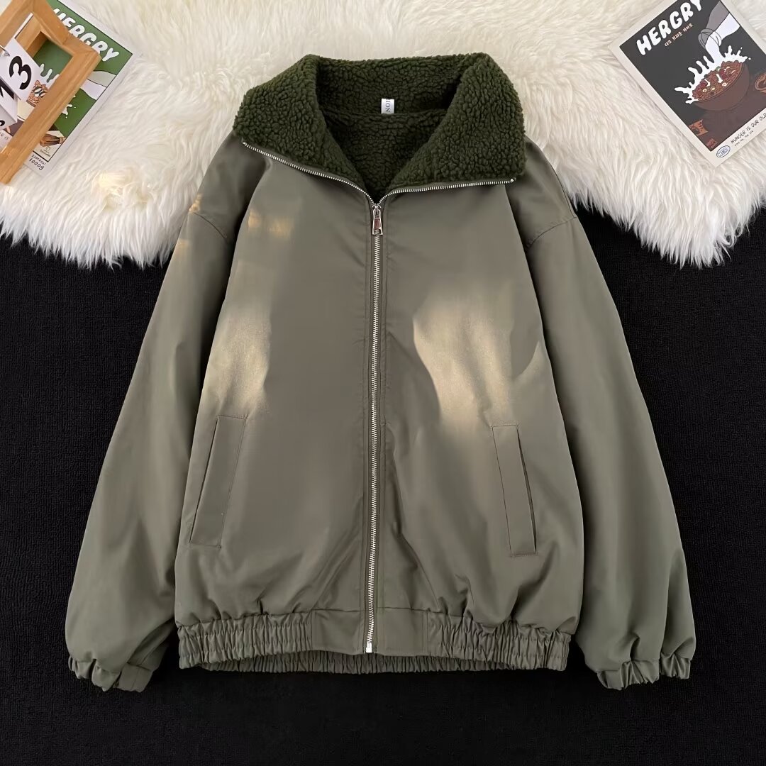 羊羔毛棉服男款秋冬季加绒加厚外套军绿色棉袄美式飞行员夹克棉衣