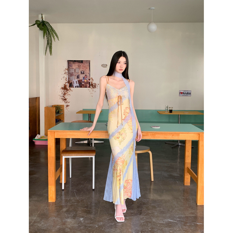 Real Shot in stock Printed Sling dress Women's Stretch Lace Fishtail Dress Real Shot in stock Printed Sling dress Women's Stretch Lace Fishtail Dress