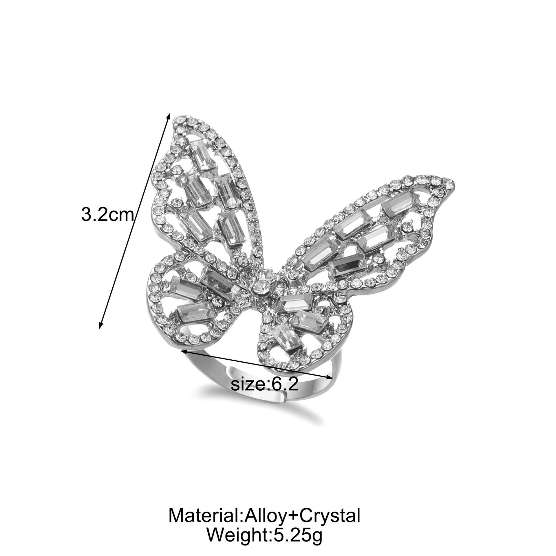 Fashion Butterfly Alloy Plating Rhinestones Women's Open Ring display picture 1