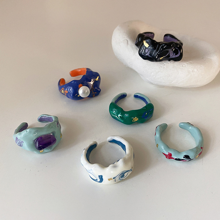 French retro color drop glaze irregular open ring female niche personality simple all-match temperament fashion ring