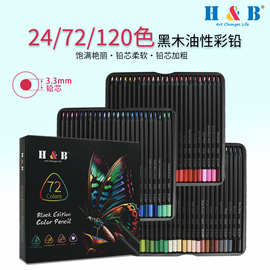 H&B 跨境彩色铅笔72色120色黑木金属彩铅套装美术专业画笔铁盒装