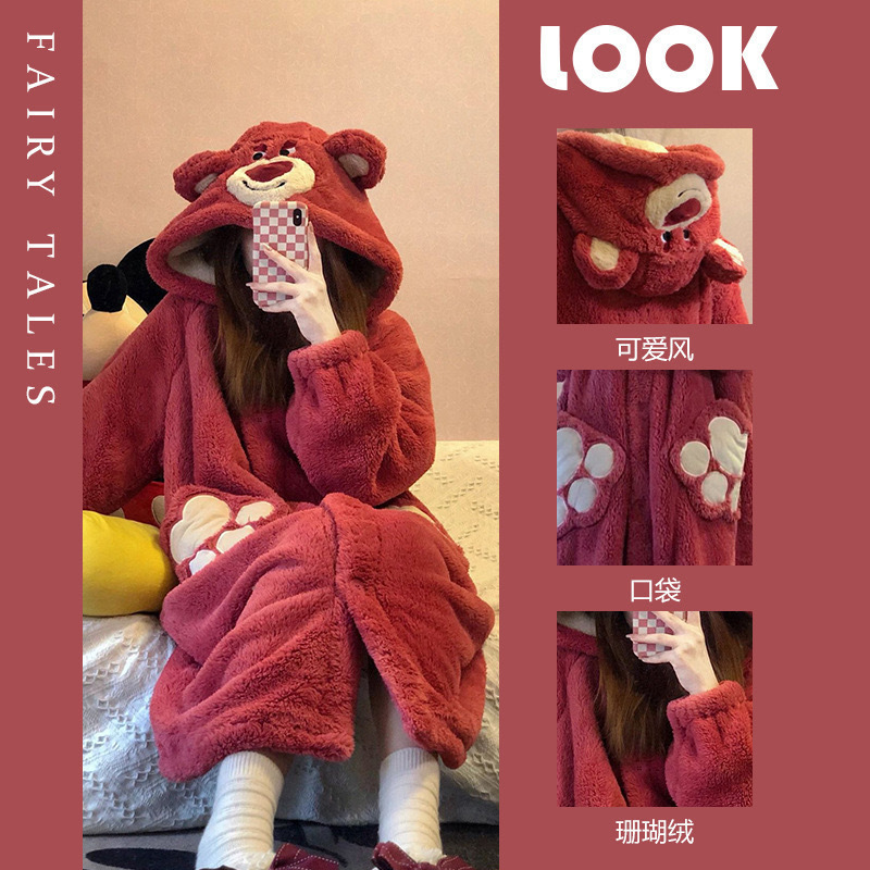 Coral Fleece Nightgown Cute Cartoon Strawberry Bear Pajamas Women's Autumn and Winter fleece-lined Thickened Long Sleeve suit Can Wear