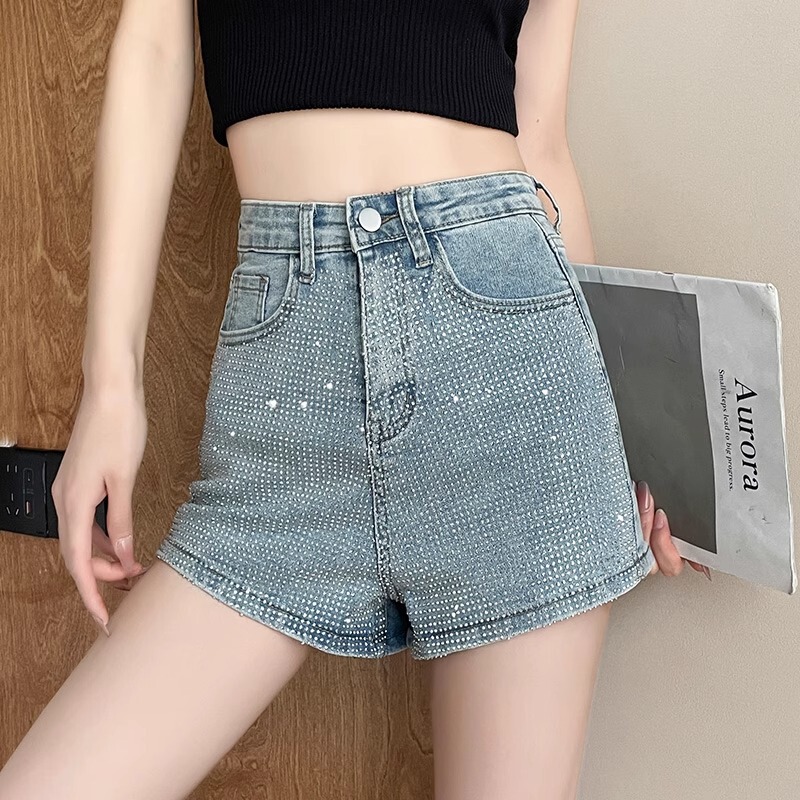 Sparkling Rhinestone Denim Shorts for Women, Summer 2026, Thin A-Line, Stretchy High-Waisted, Hip-Enhancing, Heavy-Duty Rhinestone Embellished Hot Pants Sparkling Rhinestone Denim Shorts for Women, Summer 2026, Thin A-Line, Stretchy High-Waisted, Hip-Enhancing, Heavy-Duty Rhinestone Embellished Hot Pants