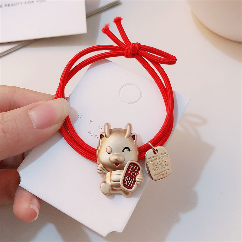 Año del Dragón Zodiaco de alta sensación metal rojo Año Nuevo anillo de cabello de alta altura cuerda elástica cuerda de cabello festiva adornos para el cabello