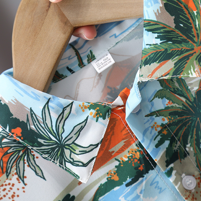 7219 Traje de camisa de flores para niños 2025 nueva camisa de manga corta de celebridades de Internet de verano para niños ropa fina de vacaciones en la playa