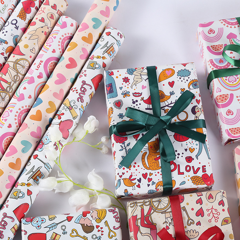 Papel de regalo para comercio exterior transfronterizo, papel de embalaje impreso para días festivos, San Valentín, Año Nuevo, venta al por mayor, estilo pintado a mano