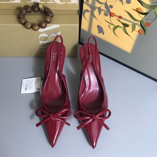 ZA European and American 2024 Autumn New Red Patent Leather Bow Pointed High Heel Post Empty Sandals for Women
