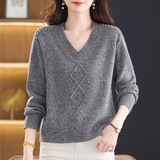 年青款100%羊毛针织衫时尚v领宽松毛衣秋冬羊毛衫中年女装妈妈装，女装针织衫/毛衣，妃慕昵服饰