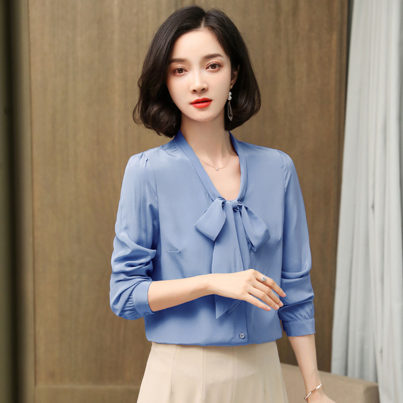 Silk silkworm silk shirt for women long sleeves high-end loose fashion fashion bow ribbon top Spring A3382