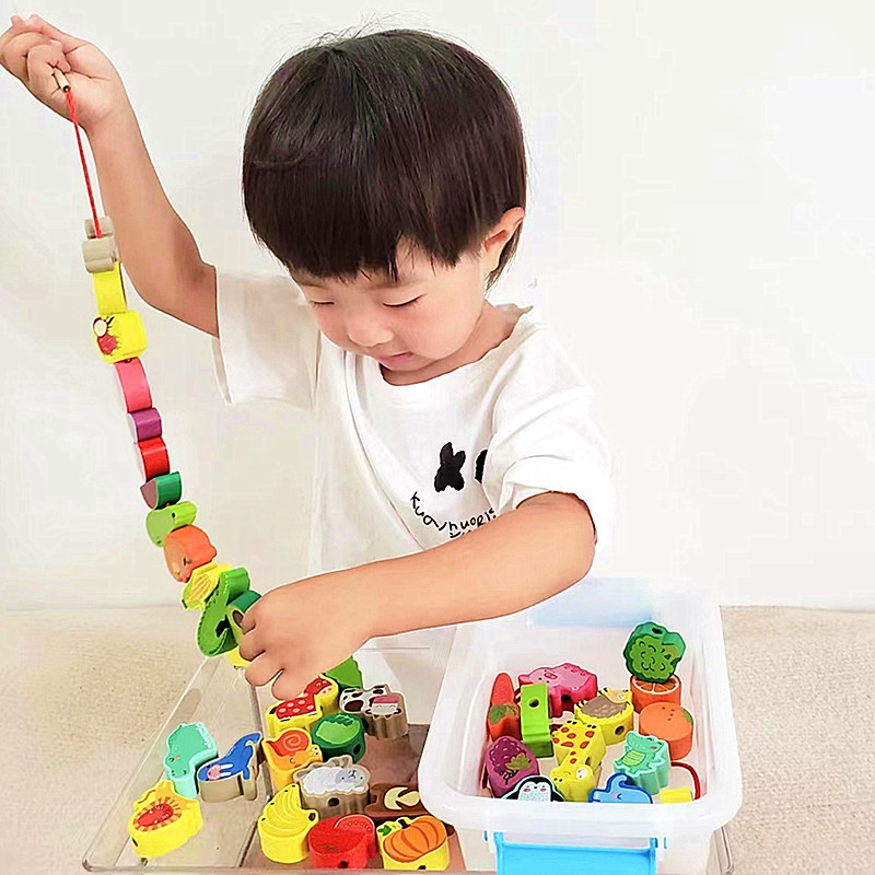 跨境木質串珠100粒嬰幼兒穿繩益智專注力訓練積木玩具1-6歲男女孩