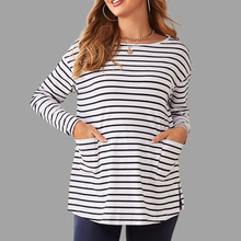 火热款厂家直销现货口袋条纹圆领孕妇装长袖上衣女士