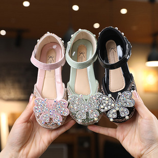 Girls Princess Shoes 2024 Spring New Style Baotou Cool Shoes Children Play Bow Crystal Shoes Baby Shoes