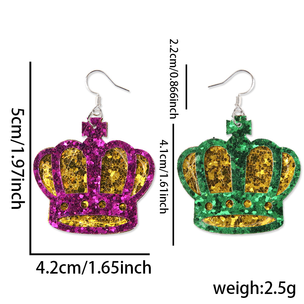 Carnaval de doble cara pendientes de sequillas máscara de oro roxo verde iris adornos de orejas pendientes de letras de Mardi Gras joyas