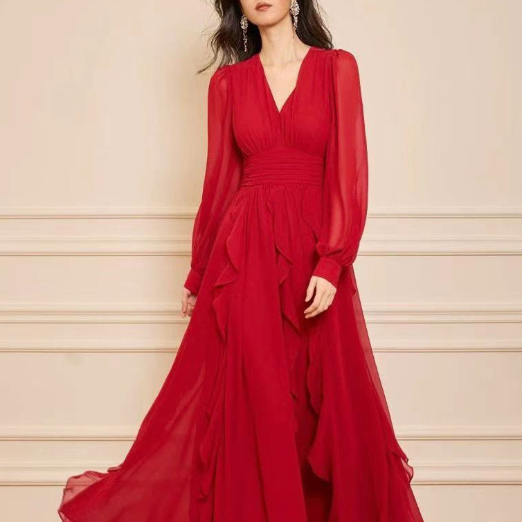 E【Zhu Zhu's Same Style French Classic Red Dress, Elegant Ruffled Long Dress, Designer Model 1688 Wholesale E【Zhu Zhu's Same Style French Classic Red Dress, Elegant Ruffled Long Dress, Designer Model 1688 Wholesale