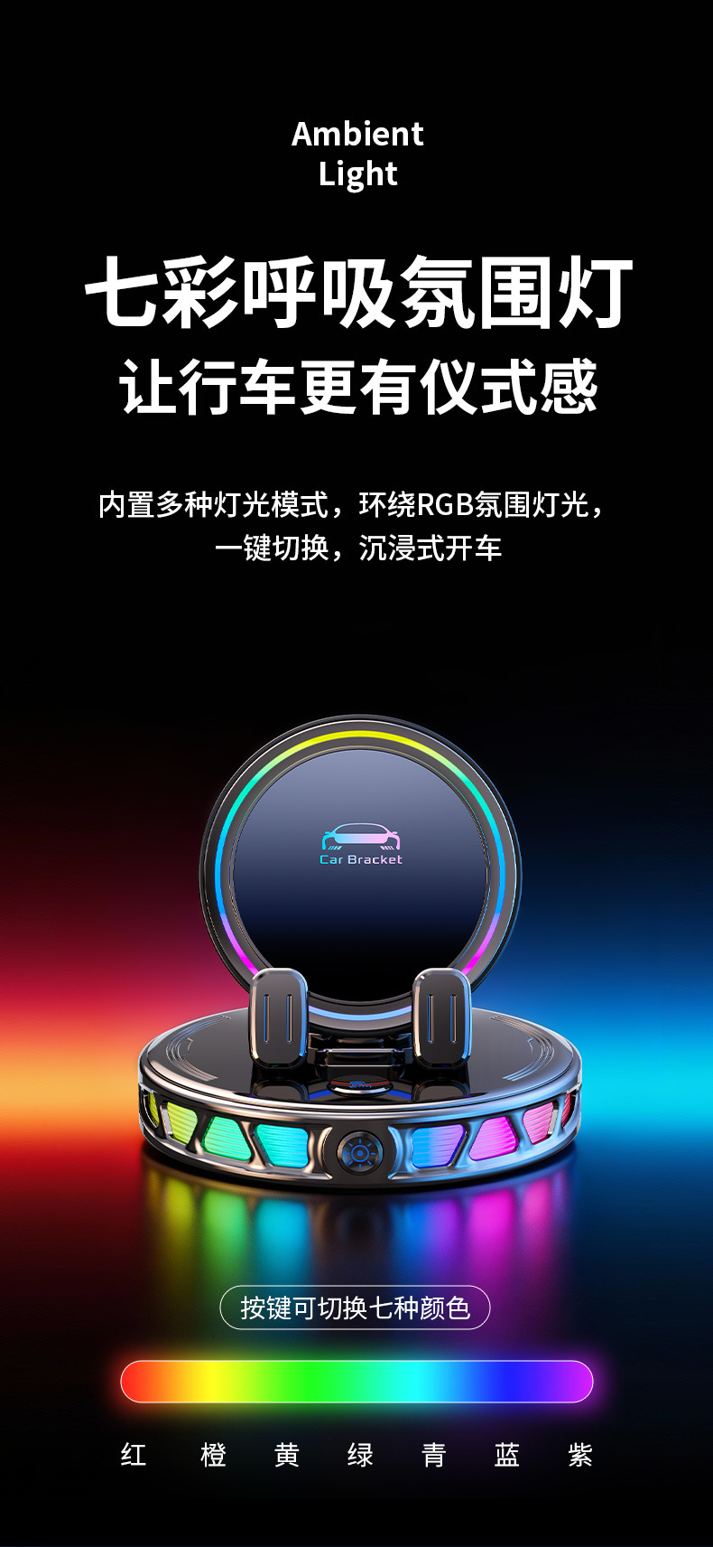 New Car-Mounted Wireless Charging Phone Holder with Ambient Light, Car Dashboard Navigation Holder with Automatic Clamping and Fast Charging