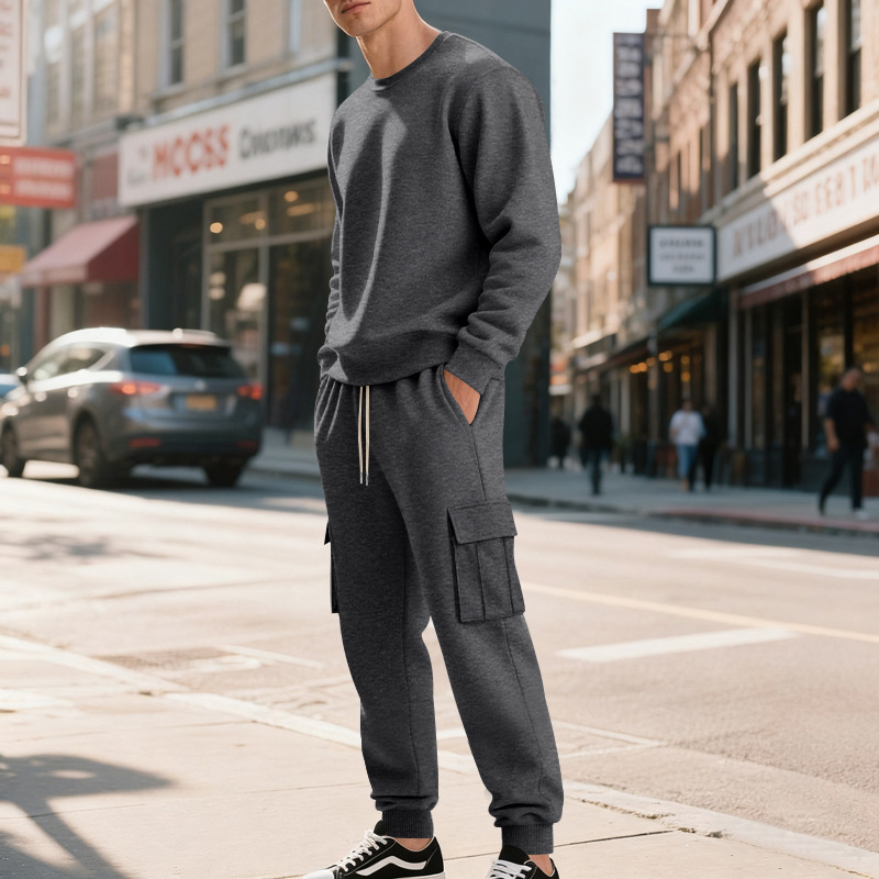 Europe, America, Autumn And Winter Heavy Velvet Men's Loose Casual Sports Tooling Round Neck Solid Color Sweater Trousers Set_viptrois.com