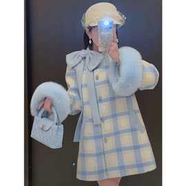 2024冬季狐狸毛斗篷外套女中长款大衣蝴蝶结简约格子拼色上衣女装