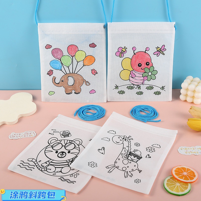 Jardín de infantes hecha a mano DIY pintura de color no tejido graffiti oblicuo bolsas de material creativo bolsas graffiti