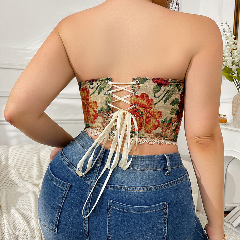 Sutiã plus size retrô francês espinha de peixe, top tomara que caia floral com estampa cruzada, estilo regata, para mulheres._voghion.com