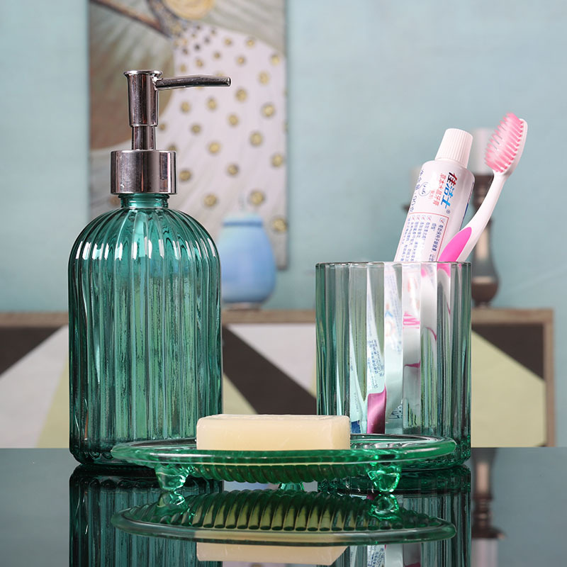 Juego de lavado de tres piezas Botella de vidrio Champú Gel de ducha Botella vacía Cepillo de dientes Taza de agua Acondicionador de hotel Botella subenvasada