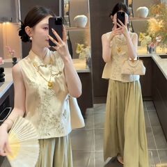 中式国风套装2025夏季气质立领新中式国风女装轻奢盘扣套装两件套