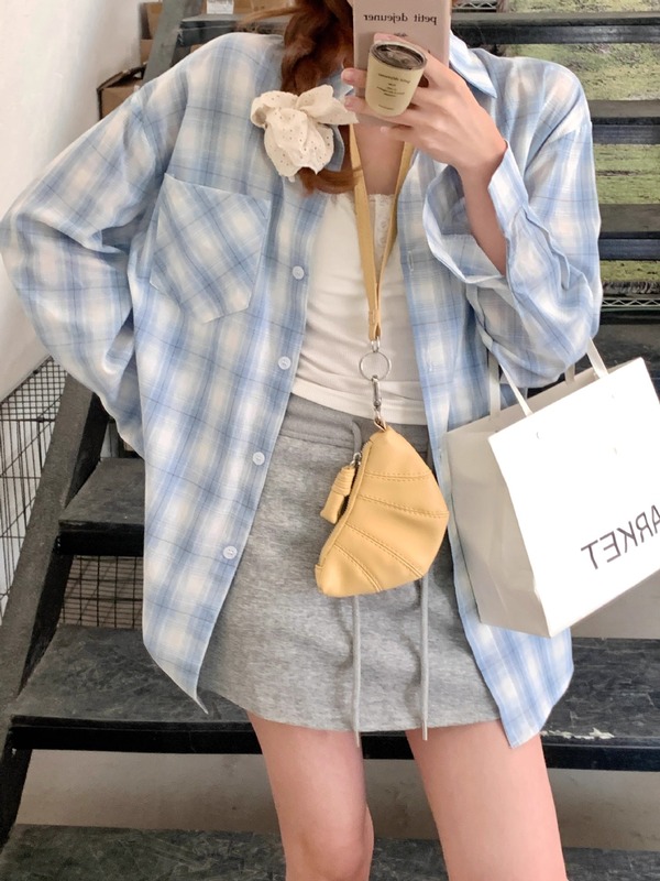别致上衣设计感女装小众法式春装衬衣开衫2025年新款格子衬衫外套|undefined