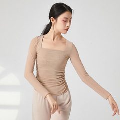 Pure Desire Gentle Dance Style, Sheer Mesh with Long Sleeves, Square Collar, Pleated, Bare Sensation Slimming, Classical Dance Costume